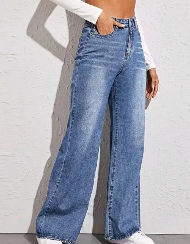 High Waist Blue Jeans for Women Washed Zipper Fly Ankle Length Denim Pants Straight Leg Ladies Casual Jeans Slouchy Jeans Women