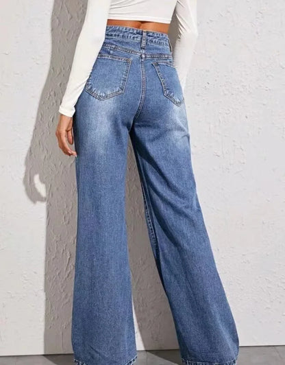 High Waist Blue Jeans for Women Washed Zipper Fly Ankle Length Denim Pants Straight Leg Ladies Casual Jeans Slouchy Jeans Women