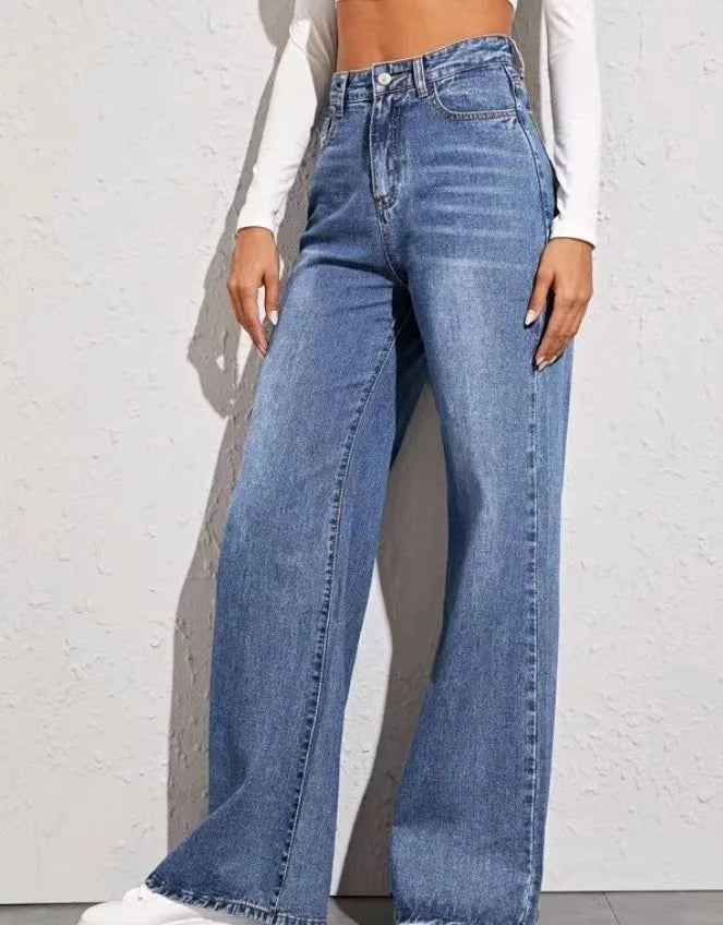 High Waist Blue Jeans for Women Washed Zipper Fly Ankle Length Denim Pants Straight Leg Ladies Casual Jeans Slouchy Jeans Women